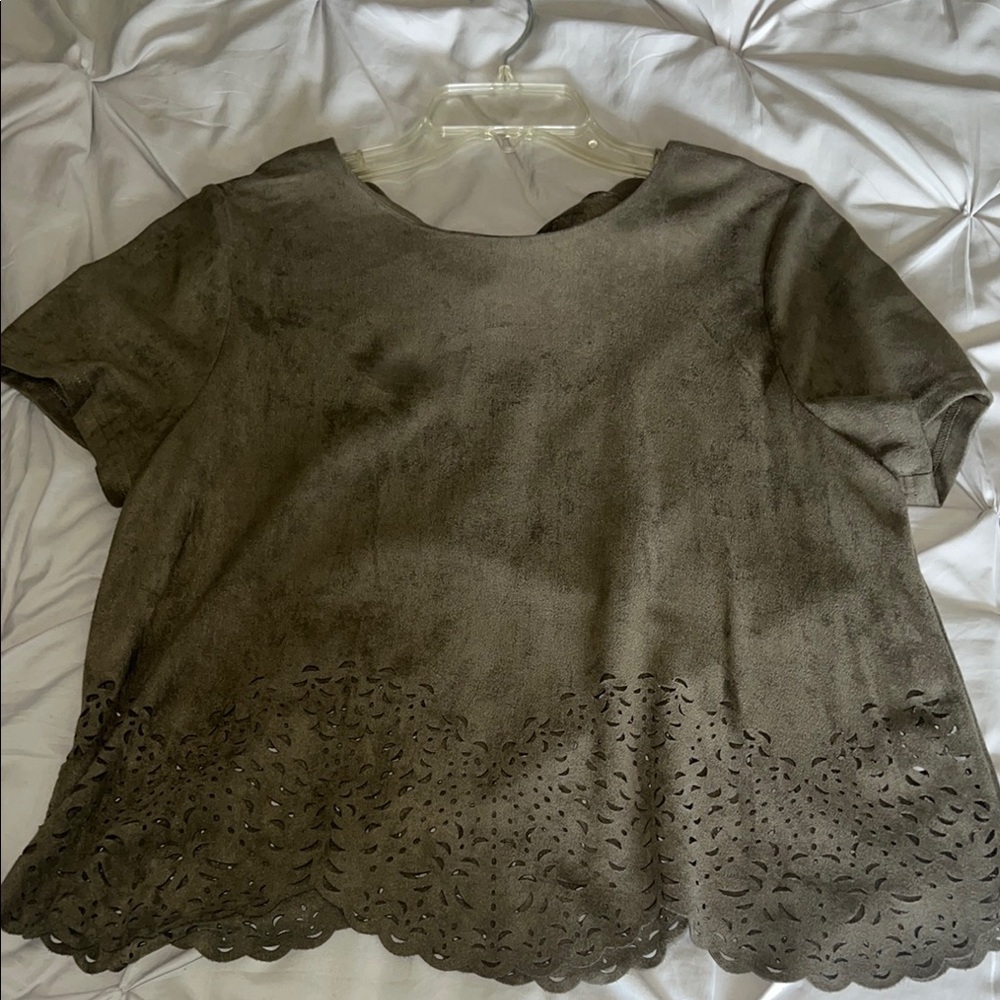 Elegant Suede Army Green Women's Top with Scalloped Hem